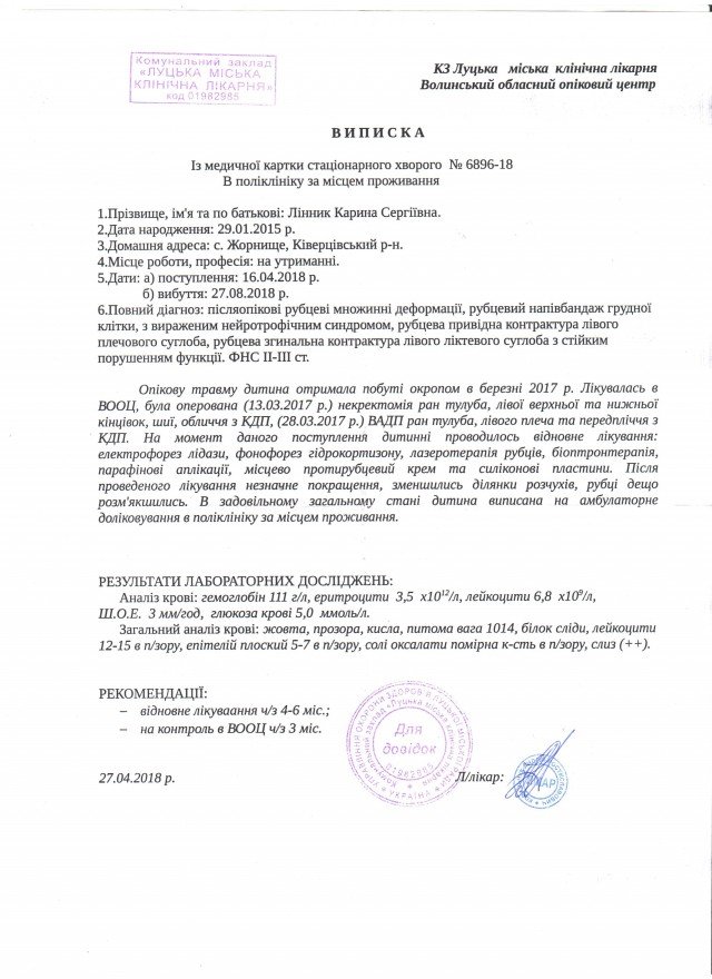 Потрібні кошти на реабілітацію 3-річної волинянки з опіками 40% тіла